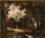 Théodore Rousseau, Figure in a Forest Clearing, Oil on panel
