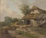 Clement Charles Henri Quinton, Herding Sheep Out of a Barn, Oil on canvas