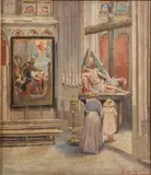 Henri Geertsen, Church Interior with Mother and Daughter before the Pieta, Oil on canvas