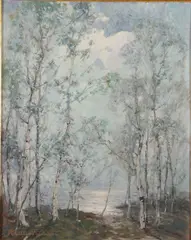 Knute Heldner, Lakeside Landscape with Birches, Oil on canvas laid down