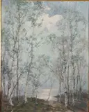 Knute Heldner, Lakeside Landscape with Birches, Oil on canvas laid down