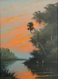 Harold Newton, Sunset in the Bayou, Oil on board