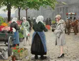 Paul Fischer, Flower Market, Oil on wood panel