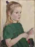 Helene Funke, A Young Girl with Scissors, circa 1930, Oil on canvas board