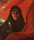 Continental (Symbolist) School, A Woman in a Candle-lit Procession, circa 1915, Oil on canvas, unstretched