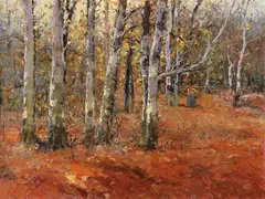 József Csillag, Woman Gathering Wood Amongst Birch Trees, Oil on canvas (unframed)