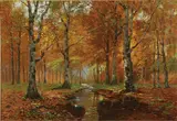 Carl Fey, Tranquil Fall Forest View with Stream, Oil on canvas
