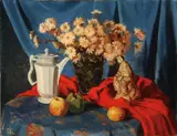 German School, Still Life with Flowers, Fruit, and Porcelain