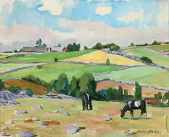 Albert Abbe, Summer Rural Landscape with Grazing Horses, Oil on canvas