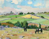 Albert Abbe, Summer Rural Landscape with Grazing Horses, Oil on canvas