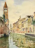 Vittore Zanetti Zilla, Venice Canal Scene, Watercolor on paper