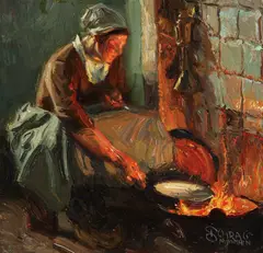 Julius Schrag, Interior with woman cooking over open fire, Oil on board
