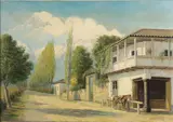 Albert Lobos, Hacienda on Tree Lined Road, Oil on canvas