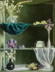 Walter Benoldi, Still Life with Flowers and Fruit on Shelves, Oil on canvas