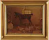 Ferdinand Schebek, Barn Scene with Horse and Chickens, Oil on wood panel interior barn scene shows standing brown horse with chickens amongst hay covered floor