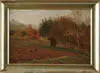 Arthur Wansleben, Herbststimmung, Oil on canvas scene shows scarecrow in cultivated field with several birds on ground with woods and hill in background