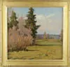 Sergei Danilowich Dumenko, Autumn Light, Oil on canvas laid on board fall landscape shows open fields with colorful trees with farms and low hills in distance