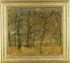 Stanislav Petrashevsky, Autumn Stroll, Oil on board park scene shows two people on wooded path with park bench on tree line. Nice impressionistic scene