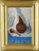 Stanislav Petrashevsky, Arrangement with Wooden Spoon, Oil on board still life scene shows a broken pottery jug with painted lacquer spoon on a white and blue background