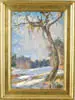Stanislav Petrashevsky, Winter Motif, Oil on board scene shows tall tree, snow covered ground and forest beyond