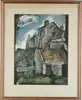 Pavel Tchelitchew, Landscape with House, Watercolor and gouache on paper shows several buildings under a blue and cloudy sky with green grass and shrubbery