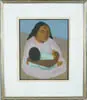 Diego Rivera, Mother and Child, Print? on paper shows a woman seated with pink robe holding baby in arms. Three color background in blue, brown and gold