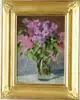 Vladimir Mikhailovich Sinitski, Lilacs in Glass Jar, Oil on board still life of purple lilacs and green leaves in glass jar. Gray and brown background