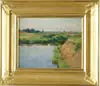 Vladimir Mikhailovich Sinitski, At the River, Oil on board scene shows river with grass and dirt banks. Town in background under blue sky
