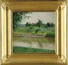Vladimir Mikhailovich Sinitski, Summer Reflections, Oil on board shows landscape with river having reflections of its tree and shrub banks in the water