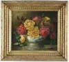 Percy A. Sanborn, Roses, Oil on canvas still life of red and yellow roses in a blue and white Oriental canton bowl