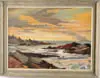 Laurence Philip Sisson, Sunset Over Maine Coast, Oil on board scene shows rocky coastline with inlet under a colorful sunset sky having peach, aqua and tangerine colors