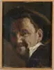 Waldo Peirce, Self Portrait, Oil on canvas portrait shows Waldo wearing a brown hat, white collar and dark shirt against a dark brown background
