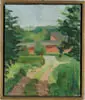 Marjorie Anne Portnow, Skowhegan Art School Farm, Oil on canvas summer scene shows road leading down to red barns