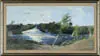 Rackstraw Downes, River Bend with Dam and Buildings, Oil on board scene probably of Skowhegan, shows winding river with dam on left side and trestle bridge on right