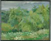 J Stachowicz, Summer Trees, Oil on masonite summer scene shows willow type trees behind a white flower garden