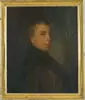Unsigned, Gentleman from Lowell, Mass, Early oil on canvas half portrait of a gentleman with light brown hair wearing a brown and green coat
