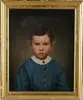 Unsigned, Portrait of Boy in Blue, Oil on canvas half portrait of a boy wearing a blue shirt with white collar against a grayish/green background