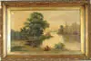 Unsigned, Landscape with Water and Rowboat, Oil on canvas scene shows man in small rowboat on pond lined with tall trees