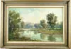 Wayne Beam Morrell, Connecticut River, Wethersfield a June Morning 1959, Oil on masonite scene shows a river winding through pastures in the woods. Cows dot the grassy banks