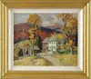Arthur Lingquist, White Farmhouse, Oil on canvas scene shows Vermont landscape with white farmhouse and connected barns with fall foliage coloring