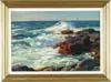 Aldro Thompson Hibbard, Pounding Surf, Oil on canvasboard shows crashing waves onto rock ledge under a blue sky