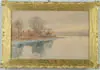 Louis K. Harlow, Lake Scene with Figures, This watercolor depicts a lake scene with small sailboat and two figures in blue on the shore