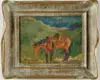 Oscar E. Berninghaus, Western Horse with Saddle, Oil on board scene shows brown horse mounted with saddle in a green landscape