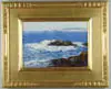 Morris Harris Pancoast, Cape Ann Shoreline, Oil on board scene shows waves hitting shoreline rocks with island or peninsula in background. Bright blue ocean