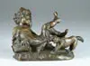 H. Fugere, Au Secours, Small bronze shows small girl in dress being tugged by small dog. She holds basket in one arm and a paddle in the other