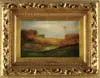 Hudson Mindell Kitchell, Impressionistic Fall Landscape, Oil on canvas autumn scene shows a golden meadow with green grass foreground lined by trees. Pinkish/gray sky