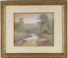 Summer Stream by John Francis Murphy, Watercolor scene shows a stream winding through green meadow towards woods. Stream is lined by large boulders, sold Aug 2004