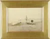 Crescent Beach Cape Ann, Magnolia, Mass by Frank Knox Morton Rehn, Fine watercolor shows sailboat off sandy beach with two rocks. Two skiffs and small sailboat are moored off beach, sold Aug 2004