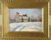 Gustave Adolph Wiegand, The House of Adolph –?, S—Fly., N.J, Oil on board scene shows Colonial Garrison house in winter landscape surrounded by Evergreens