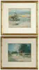 William Louis Sonntag Jr., Sunset Beach, Coastal watercolor shows sandy beach area with rocks and wood structure. Setting sun with yellow and blue sky